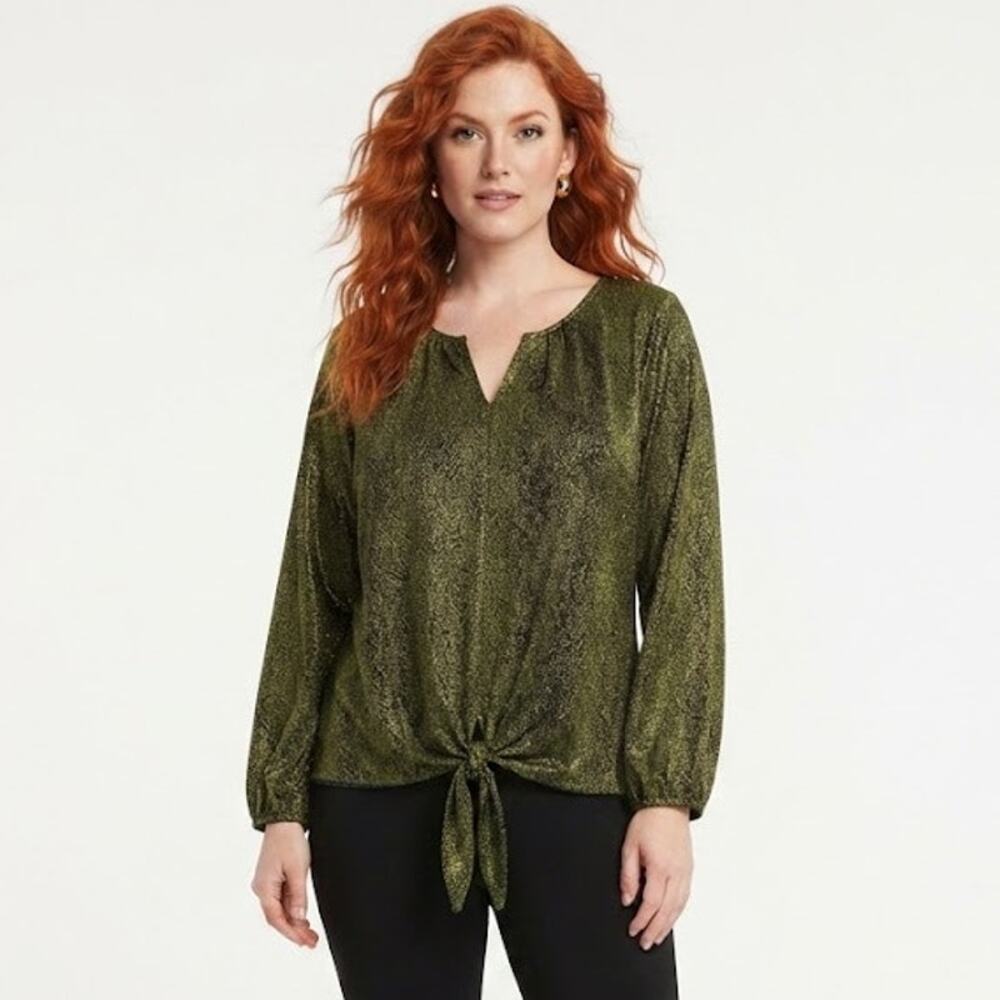 West Kei Olive Green Blouse Fall V Neck Business Casual Plus Size 2X